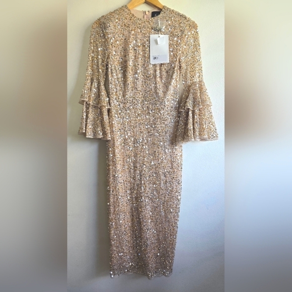 NWT! Mac Duggal, Fully Sequined Ruffle Tiered 3/4 Sleeve Midi Dress,Nude, SIZE 2 - Picture 7 of 12